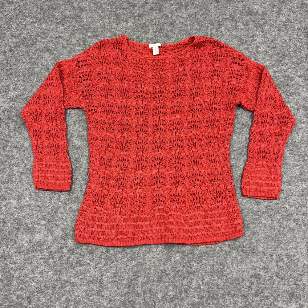 Chico's Sweater Womens Large 2 Red Open Knit Cotton Rayon Pullover Crochet Prep